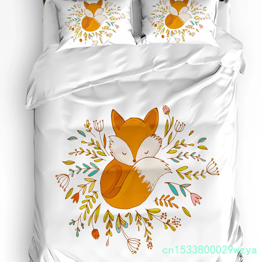 Cartoon Animal Cute Fox Flower White Bedding Set 3pcs Duvet Cover Pillowcase Kids Adult Quilt Cover Double Bed Set Home Textile