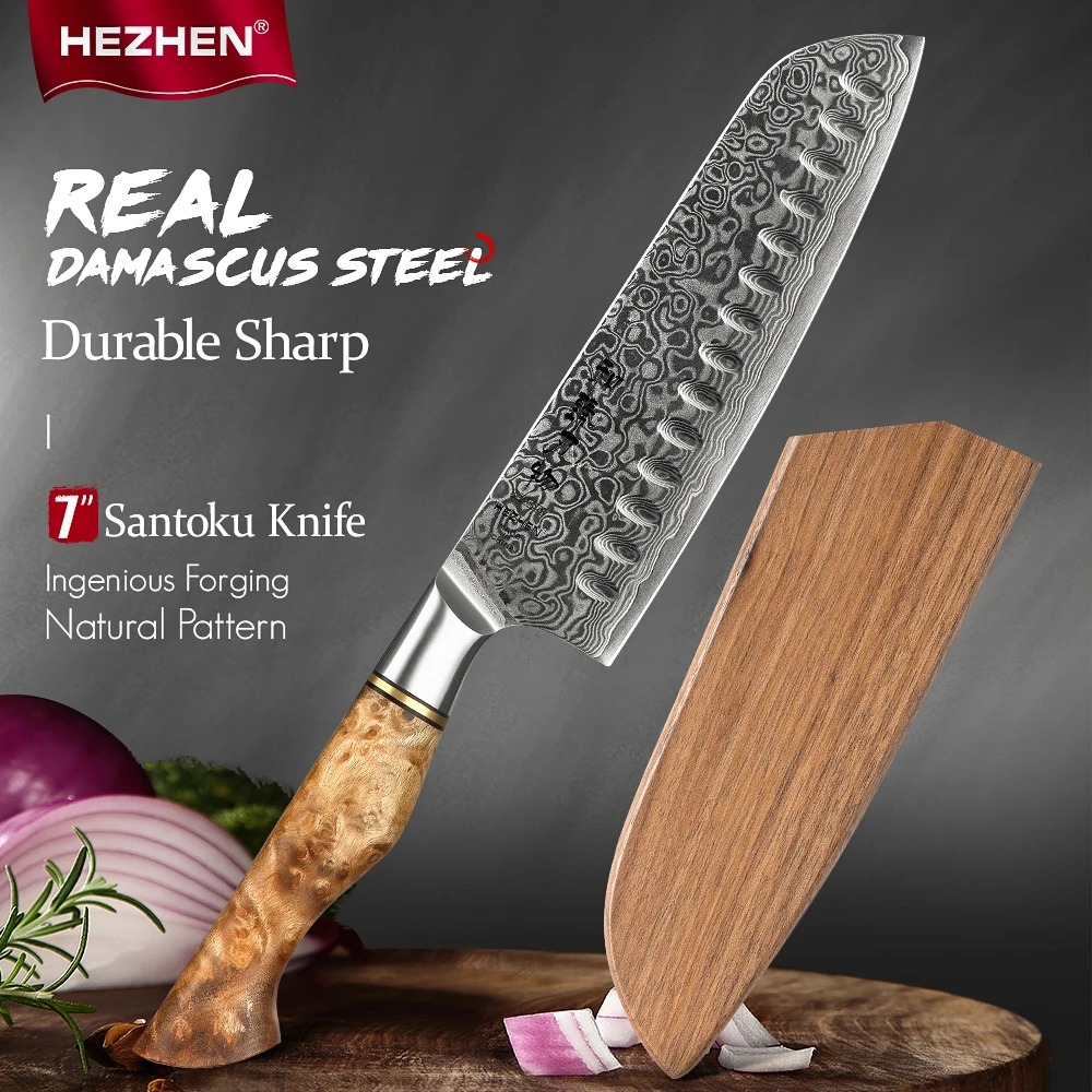 HEZHEN 7 Inch Santoku knife 67 Layer Super Sharp Damascus Steel High-end kntchen Knife For Meat Fish Vegetable cook knife