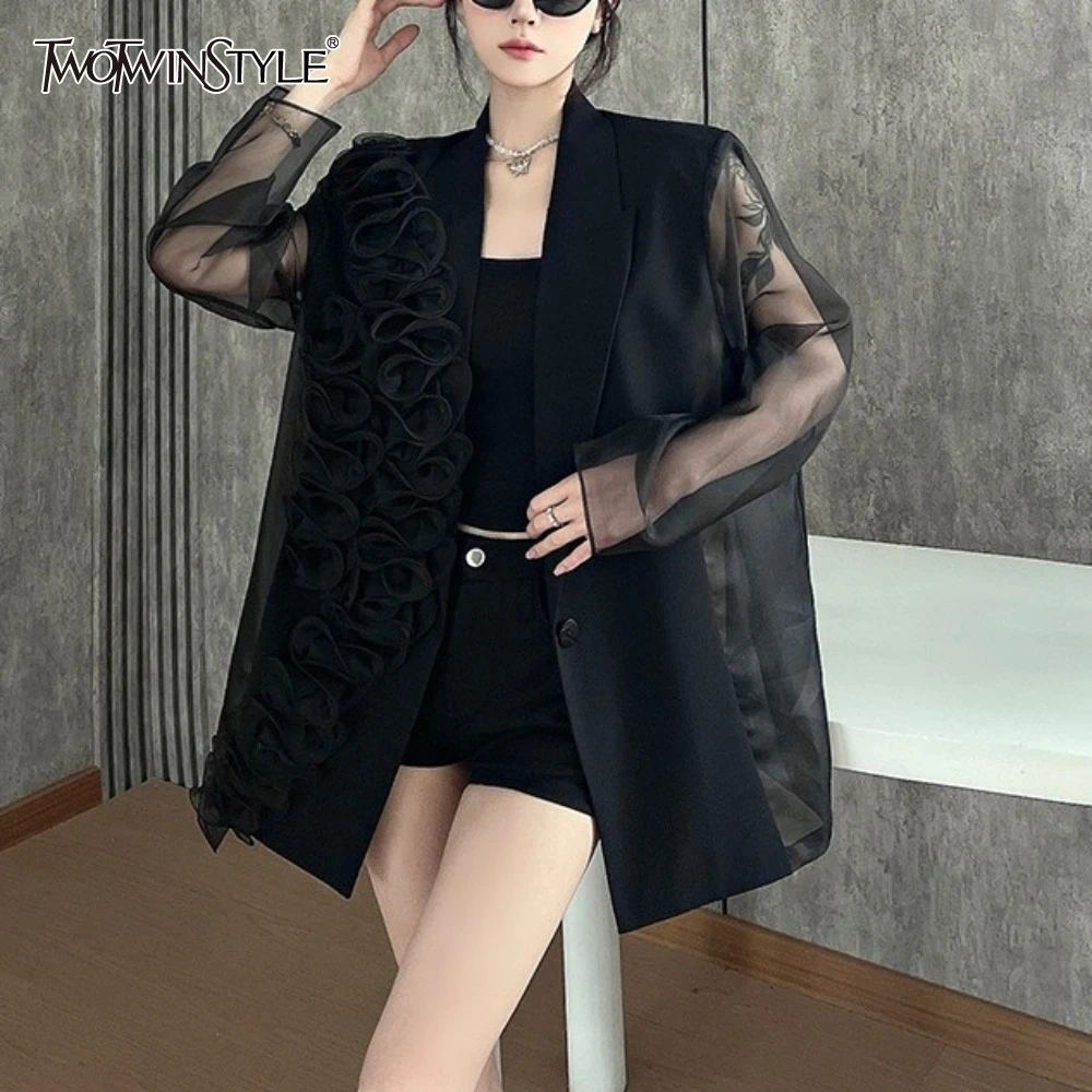

TWOTWINSTYLE однотонные свободные пальто с аппликацией для женщин, лоскутное пальто с длинными рукавами и лацканами, карманами, женское модное пальто