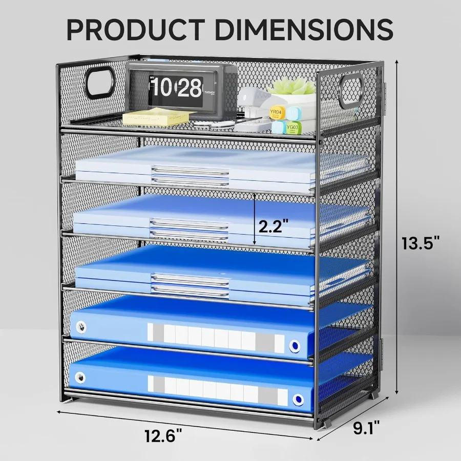 6-poziomowy organizer na dokumenty z uchwytem, siatkowy, do efektywnego sortowania i przechowywania papierów w biurze lub domu, szary