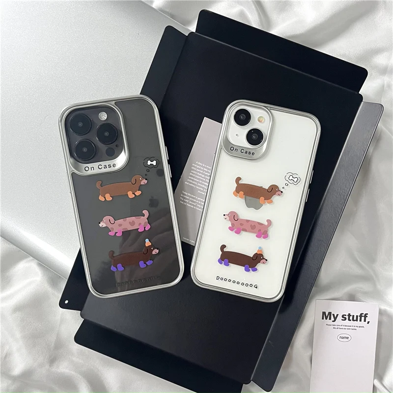 Coque de téléphone transparente avec cadre galvanisé INS Cartoon, coque arrière pour iPhone 15, 14 Plus, 13 Pro Max, 12 Pro, 3 chiens à saucisses