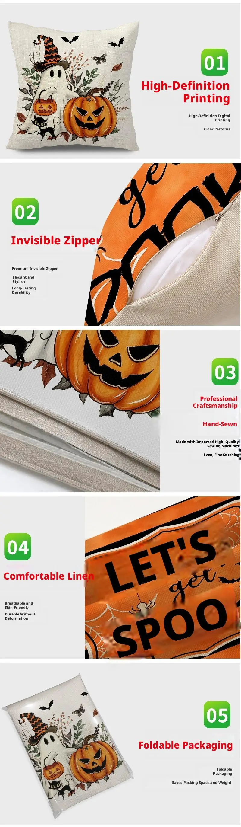 2 Stück Halloween Orange Kissenbezüge mit Geister- und Kürbisdruck aus Polyester, bequeme Dekoration für Sofakissen. – Detail 10