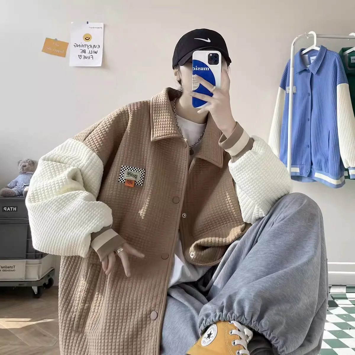 

Men's Baseball Jaet Large Size 300 Pou Autumn Winter Ins High Street Sle Color Blo Wfle Pattern Bomber Coat