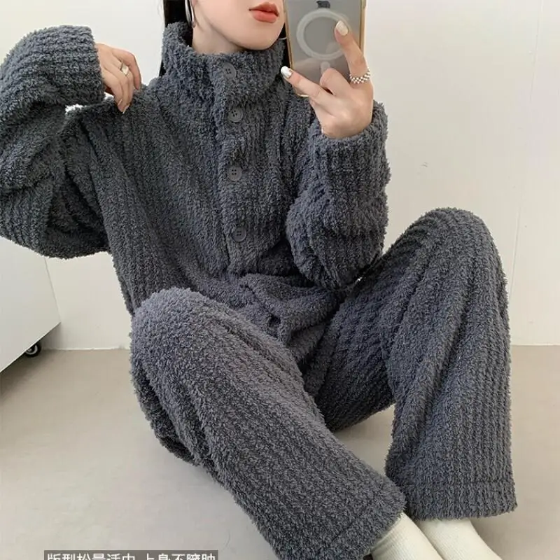 

Women's Pajama Set Girl Winter Homewear Ribbed High Neck Fleece Sleepwear New Thick Warm Nightwear Stand Collar Two Piece Set