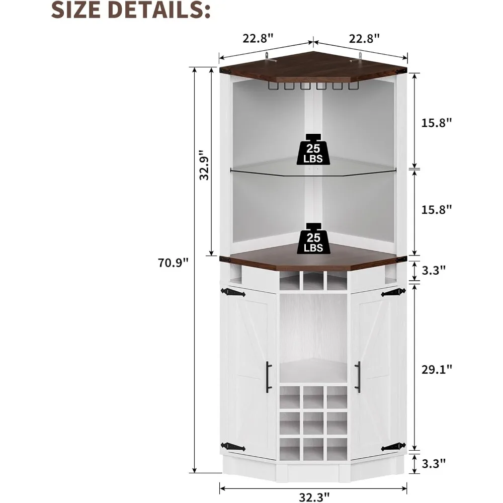 Corner Bar Cabinet for Liquor,  with LED Strip and Glass Holder, Corner Cabinet with Doors and Adjustable Shelf