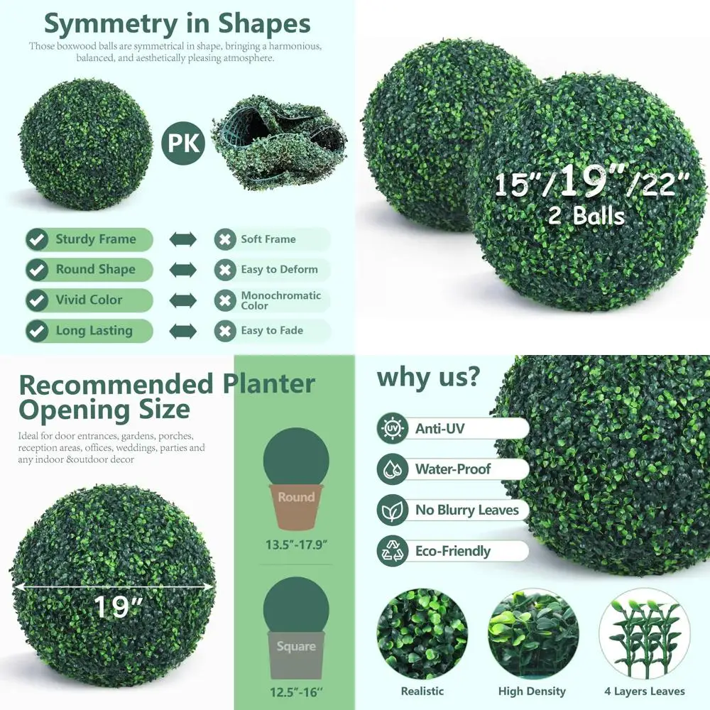 

19 Inch 2-Pack Artificial Boxwood Topiary Balls with 4 UV-Protected Layers for Indoor and Outdoor Use