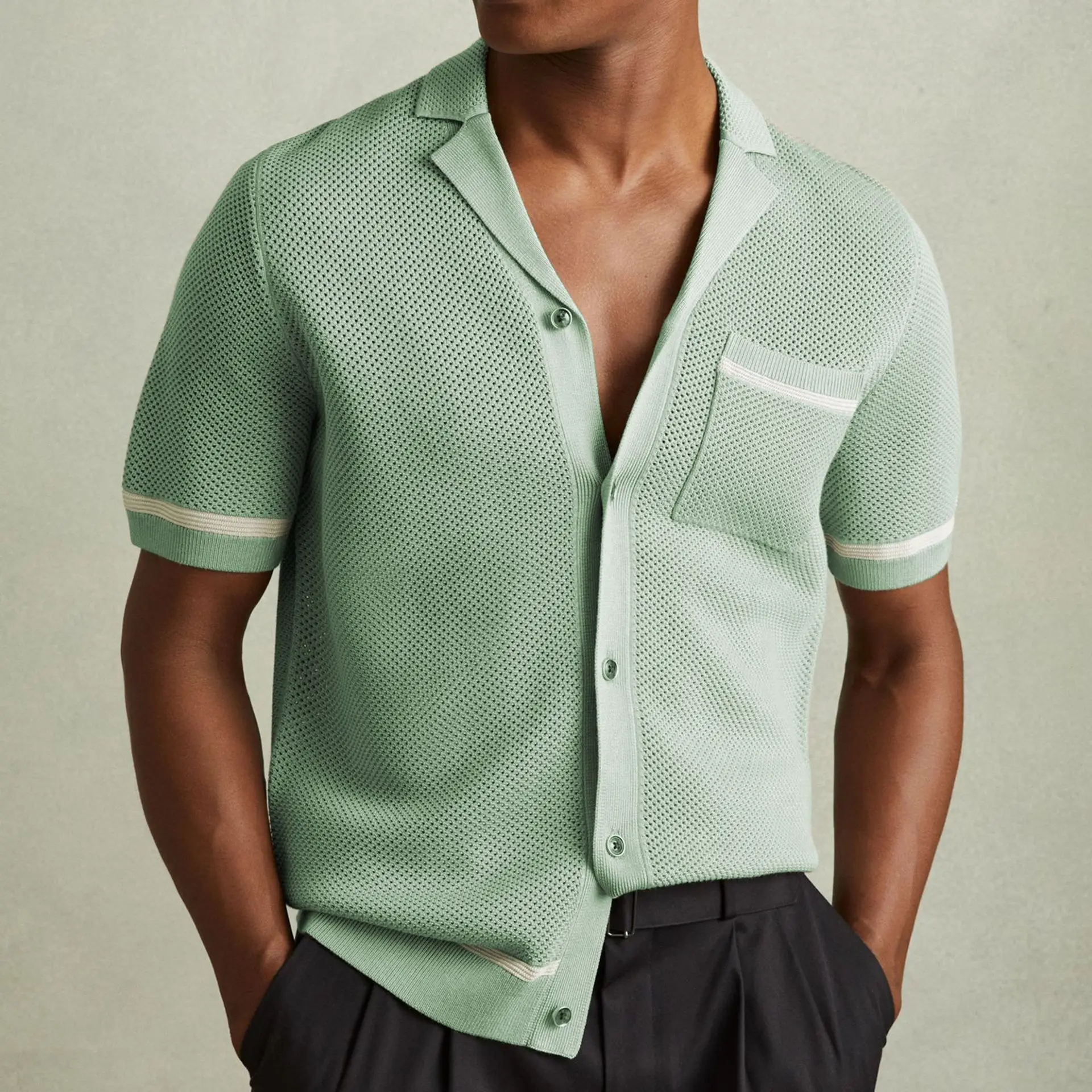 American European Men's New Fashion Hot Hollowed Out Single-breasted Cardigans Shirts Casual Trendy Short Sleeve Shirts Male