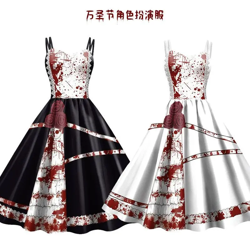 

Chic Halloween Costumes For Women Bloody Ghost Print Flared Dress Sleeveless Tunic Sexy Cocktail Dress Wedding Guest Dresses