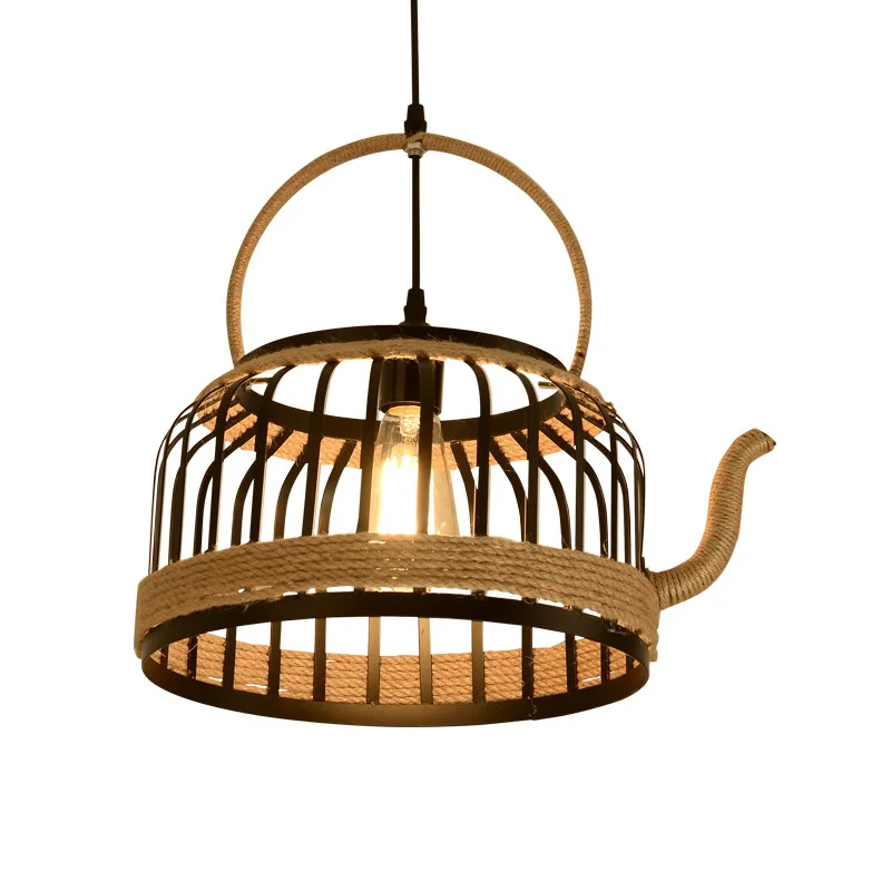 

Retro Loft Iron Black Painted Teapot Pendant Lights with Hemp Rope and Edison Bulb Cord for Catering Decor