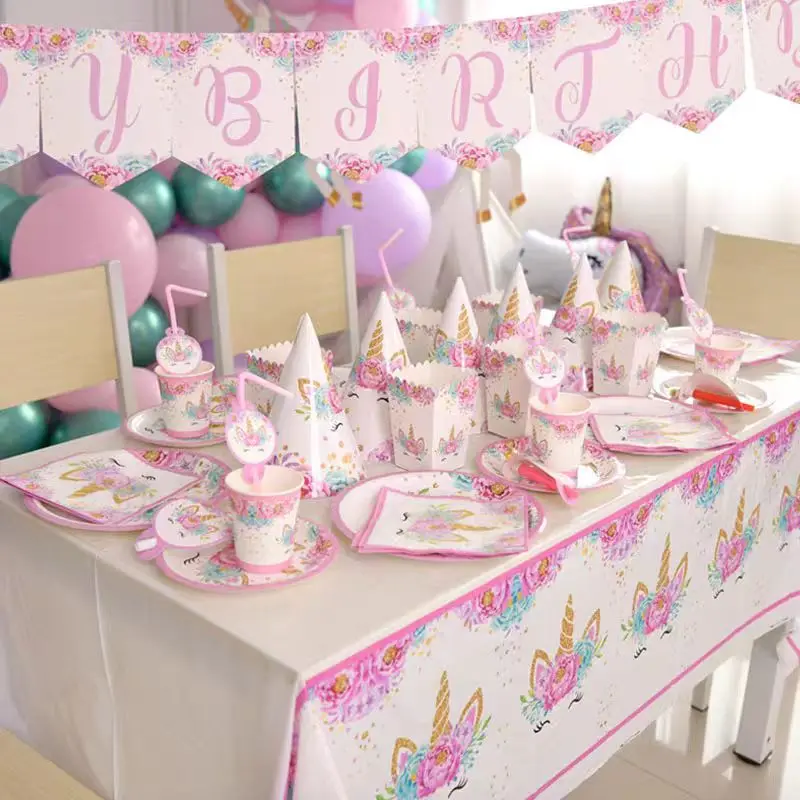 Unicorn Birthday Party Deocration Unicorn Theme Tableware Set Cups Plates Balloons Happy Banner Party Supplies For Girls Favors