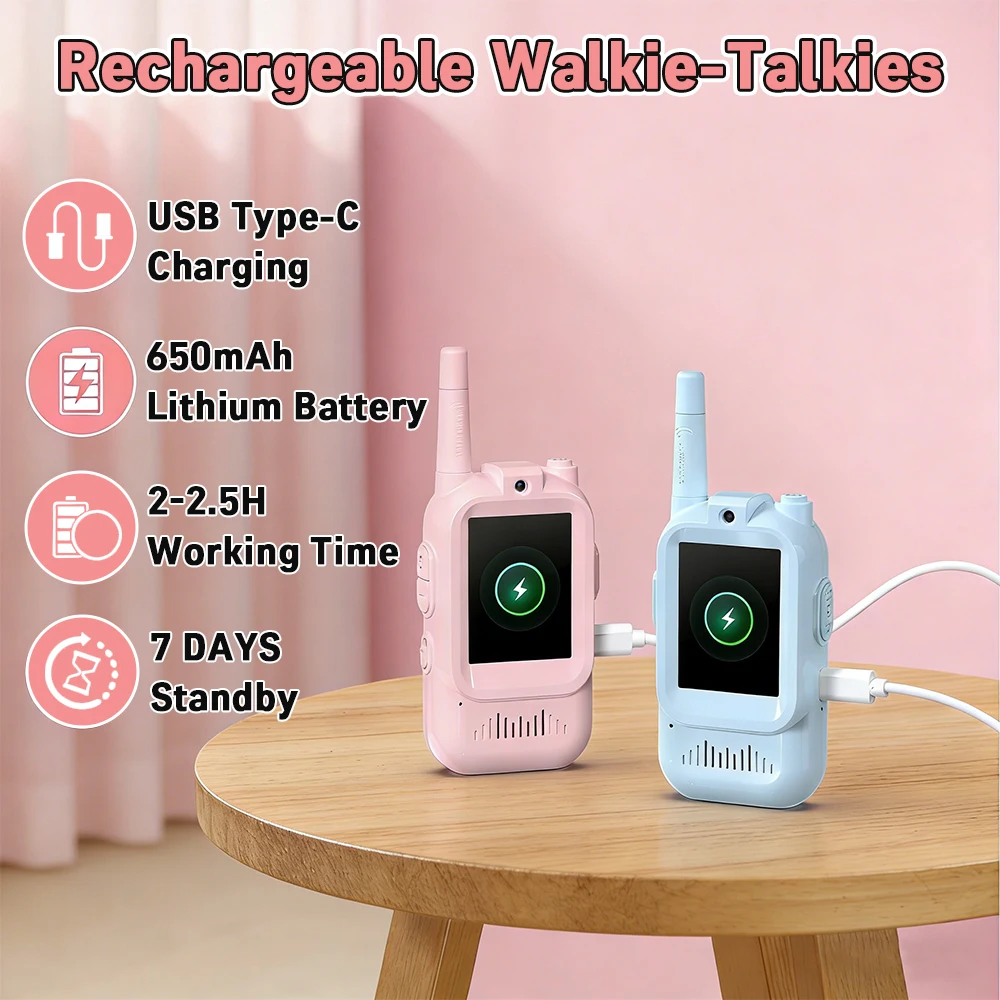 Video Walkie Talkies voor Kinderen, 2-pack, Oplaadbare Intercom Walkie-talkie, Schattig 2 Inch Scherm, Eén-Knops Oproep, Kinder Video Intercom