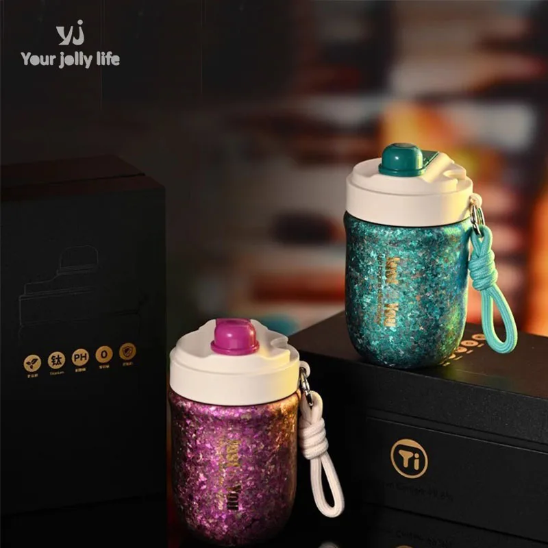 

400ml Thermos Cup With Rope,Double Layer Pure Titanium Drinkware,Vacuum Flasks,Crystal Coffee Mug,High-end Portable Water Bottle