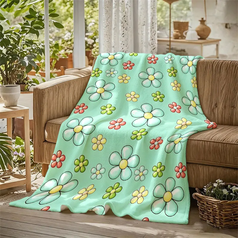 Pastel Cartoon Daisy Flannel Blanket Warm Soft Halloween Christmas Decorative Couch Warm Cozy All-Season Gift