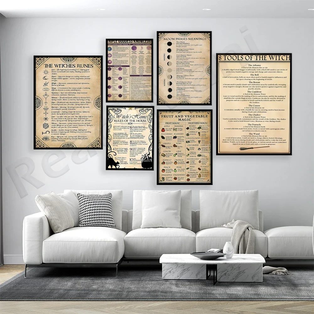 Witch rules, runes, fruit and vegetable magic, witchcraft moon magic print, goddess knowledge witch poster