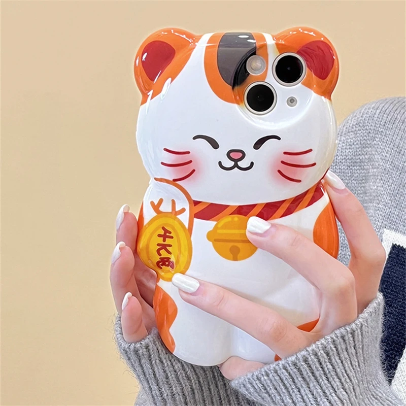 2024 Cute 3D Lucky Cat Phone Case For iPhone 15 14 13 11 12 Pro Max XR XS Max Japan Style Anti-drop Glossy Soft Silicone Cover