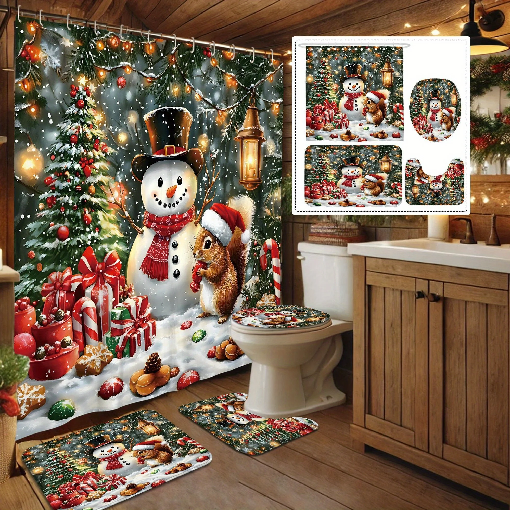 4Pcs Xmas Bath Set, Snowman Squirrel Candy Cane, Cute White Design, Holiday Bath Decor, 12 Hooks, Non-Slip U-Shaped Cover