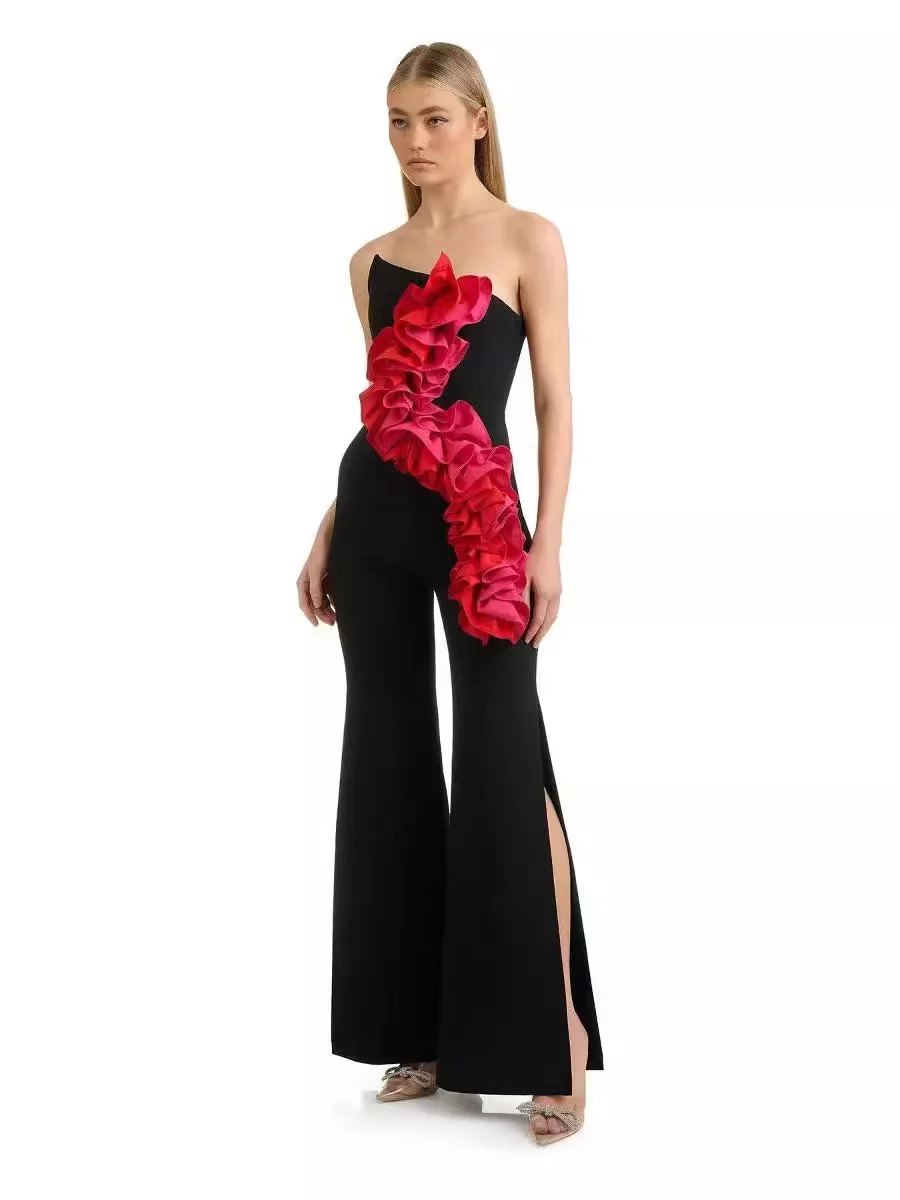 Sexy Black Flower Appliques Bodycon Long Bandage Jumpsuit Pencil Skinny Romper Sleeveless Celebrity Evening Runway Club Jumpsuit