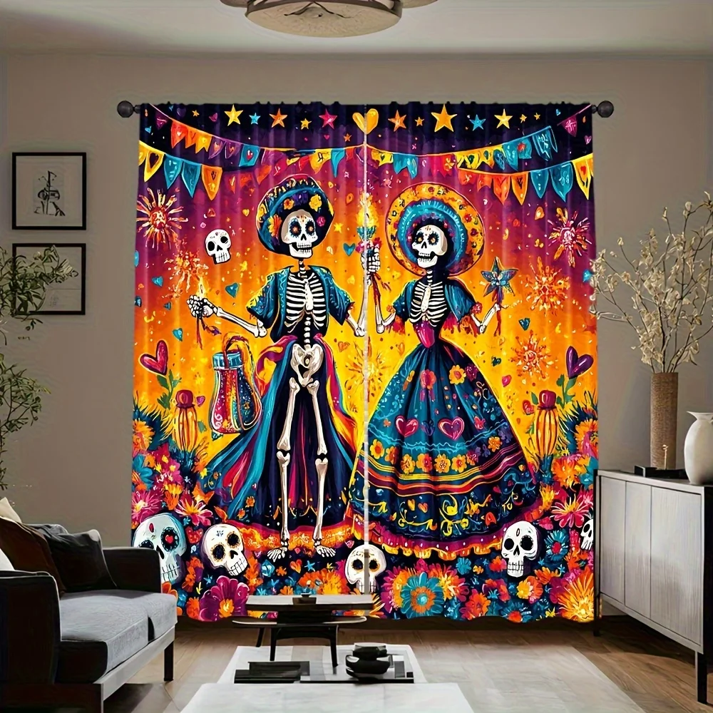 Day of the Dead Curtains, Colorful Sugar Skull Skeleton Window Drapes, Mexican Fiesta Decor, Blackout Fabric for Living Room