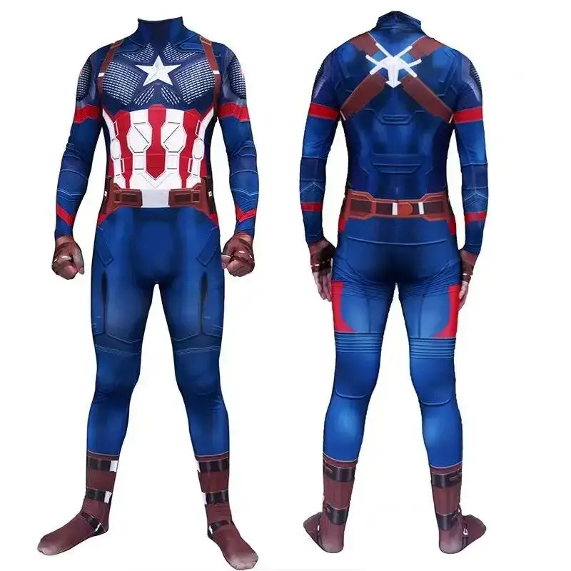 Captain America Cosplay Costume Jumpsuit Superhero Party Halloween Captain Bodysuit Zentai Suit for Audlt boys Asian Size