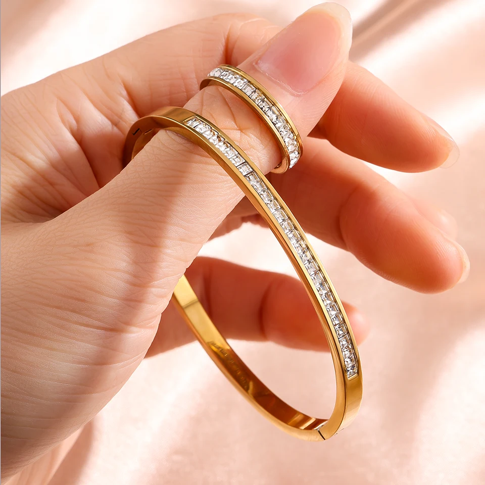 طقم سوار وخاتم كلاسيكي فاخر من الفولاذ المقاوم للصدأ متعدد المكونات مناسب للنساء لحضور الحفلات والولائم كأزياء je #5