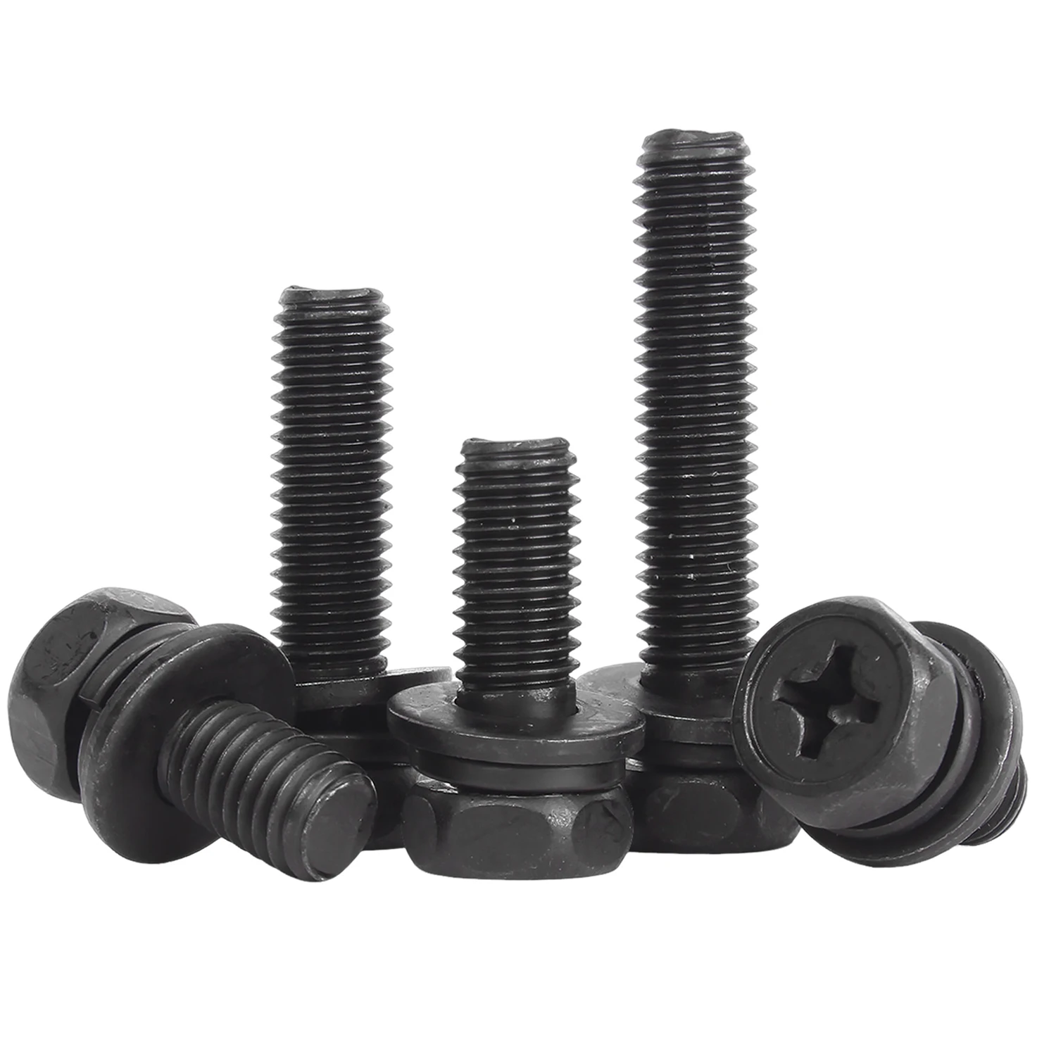 Blackened 304 Stainless Steel Hexagon Cross Head Combined Bolt M3 M4 M5 M6 M8 With Gasket Spring Washer Hardware Fittings