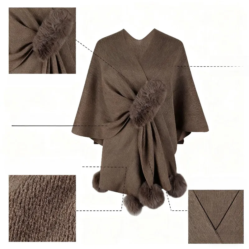 

Knitted Poncho with Faux Fur Pom - Poms and Decorative Tie Chic and Cozy Outerwear Accessory for Daily Wear