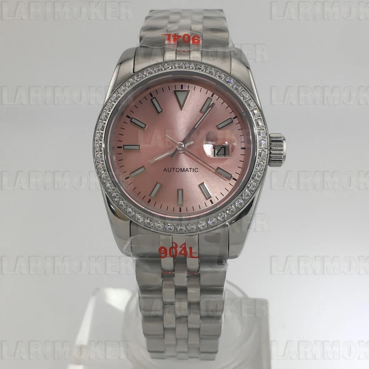 NH05 31mm 高級レディース機械式自動巻き時計、ダイヤモンドベゼル装飾、ピンク夜光文字盤、サファイアガラス、防水性