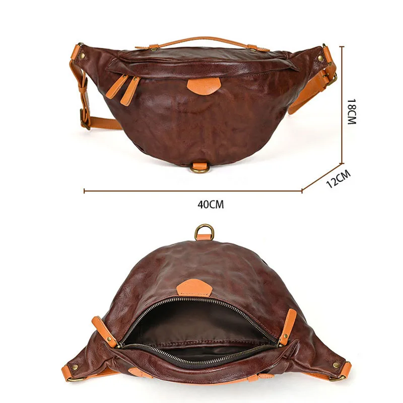 Origina Cow Leather Mobile Phone Waist Bag Men\'s Top Layer Cowhide Shoulder Bags Vintage Color Contrast Crossbody Chest Bag Pack