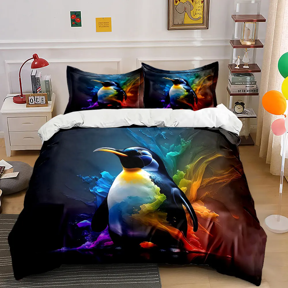 Colorful Penguin Artwork Set Bedding Set with 1 Duvet Cover 2 Pillowcases Single Double King Queen, Gift