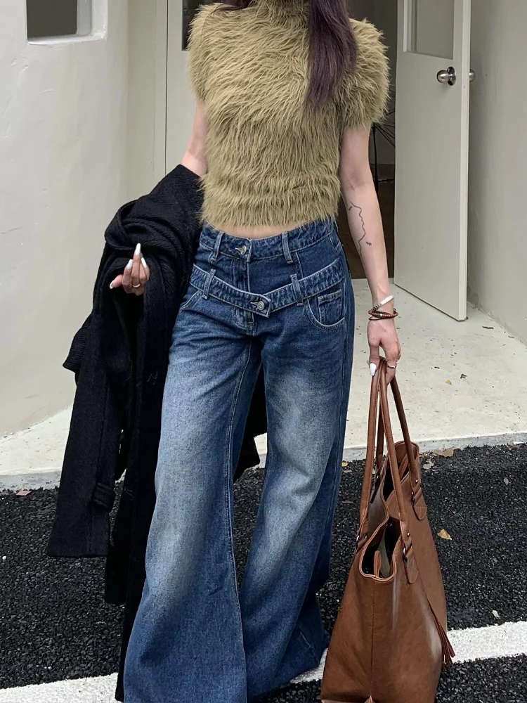 

American High Street Double Waist Design Denim Jeans Women Spring Y2K Millennium Sle Hot Pants Floor-Length Flared Pants