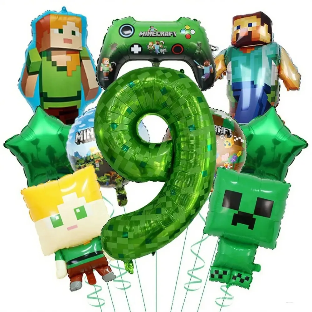 Balão de Filme de Alumínio Verde com Tema Minecraft, Estilo Pixel 1-9, Personagem Menino Trabalhador Assustado com o Steve, Decoração de Aniversário e Presentes