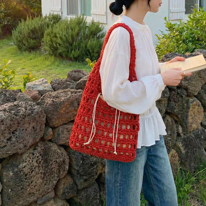 

Women's Crochet Hollow Woven Drawstring Shoulder Bag Casual Retro Aesthetic Daily Shopping Travel Handbag 2026 New Hobo Bags
