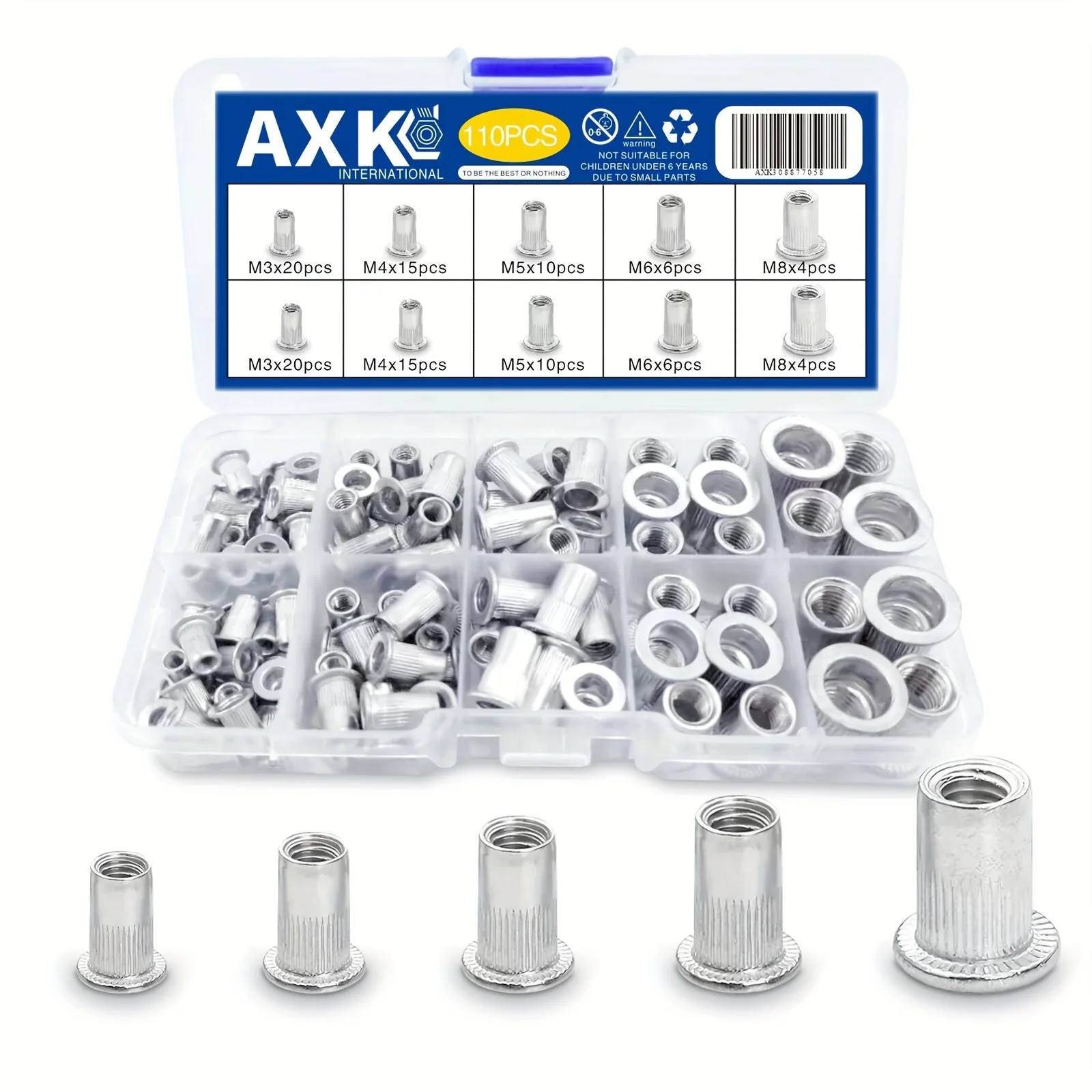 110Pcs Aluminum Rivet Nuts Set, Flat Head Threaded Nut Assortment Kit for Automotive Furniture Industrial Blind Fastening