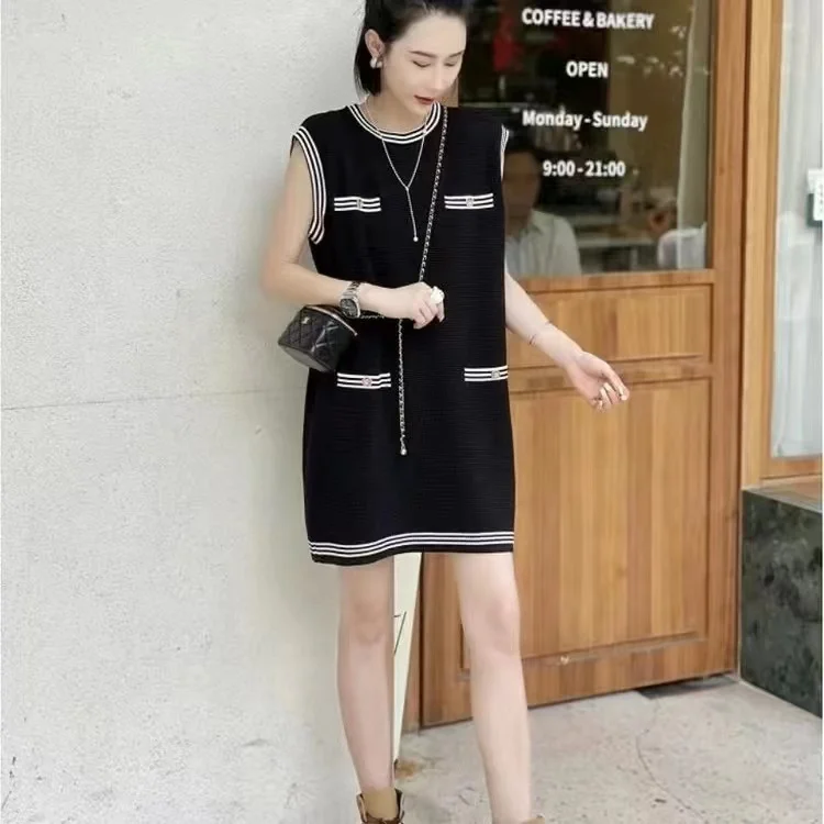 Vestido suéter preto de manga curta feminino, vestidos soltos e elegantes, vestidos de tricô estilo coreano, tamanho grande, roupas de verão,