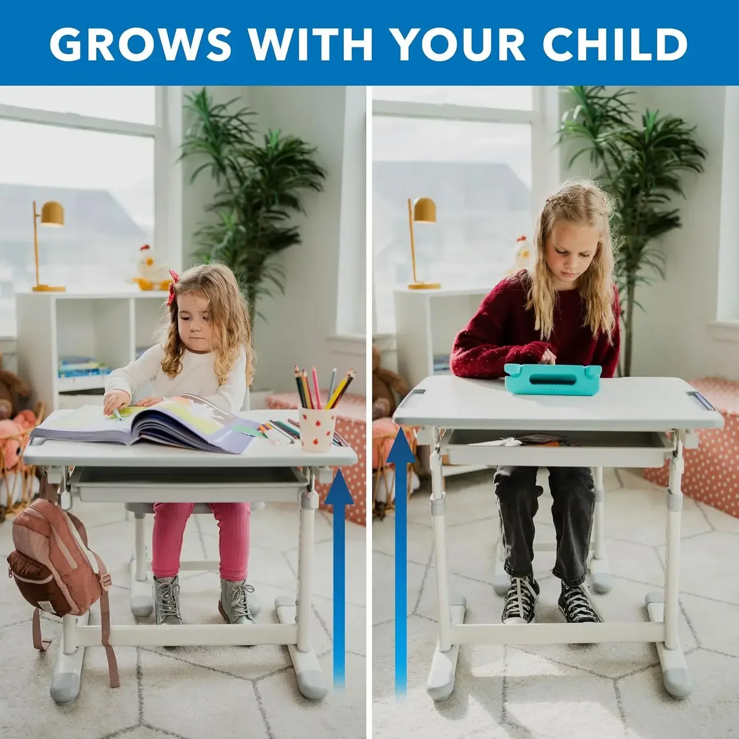 Height Adjustable Kids Desk And Chair Set Ergonomic School Student Tabletop Pencil Drawer 3 To 10 Age Children Grey 26 By 18 Inc