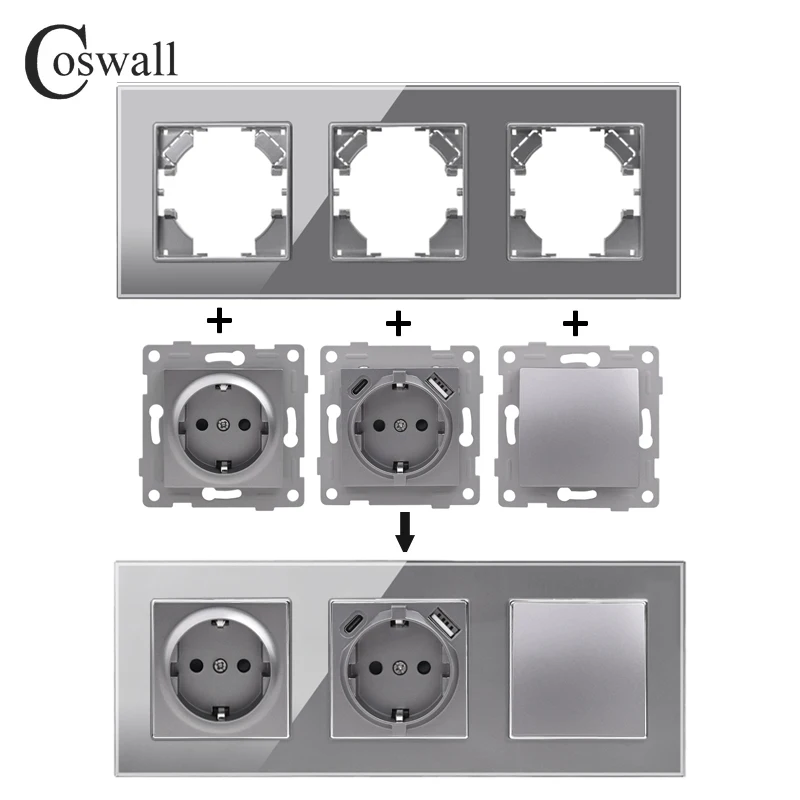 Coswall D1 Series Glass Grey Panel Wall Light Switch EU/France Standard Socket USB Charging CAT6 Internet Satellite Module DIY