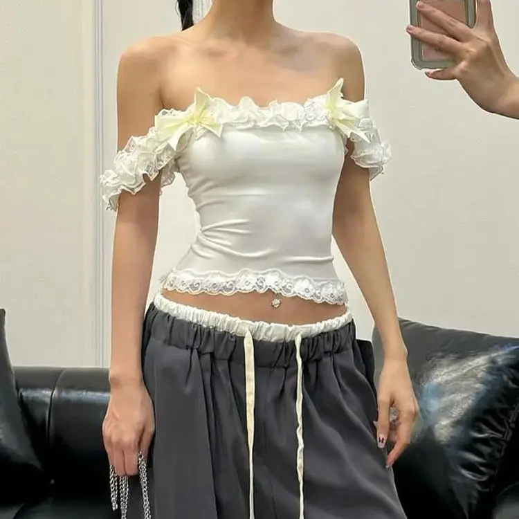 

White Lace Trim Bow Crop Top Black 2024 Summer Women Clothes Japanese 2000s Style Y2k Cute Tank Tops Yellow