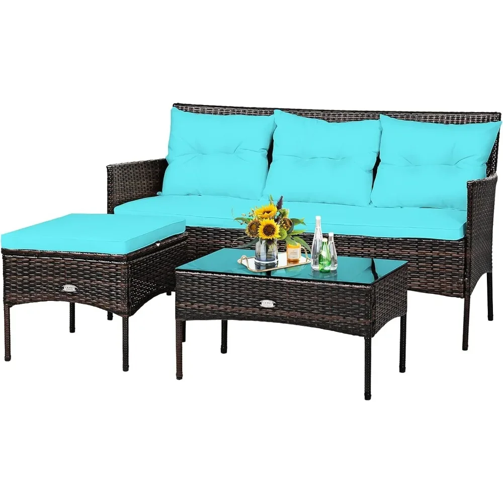 

3 Pieces Patio Conversation Set, Outdoor PE Rattan Wicker Furniture Set W/Cozy Cushions, All Weather Sectional Sofa Set