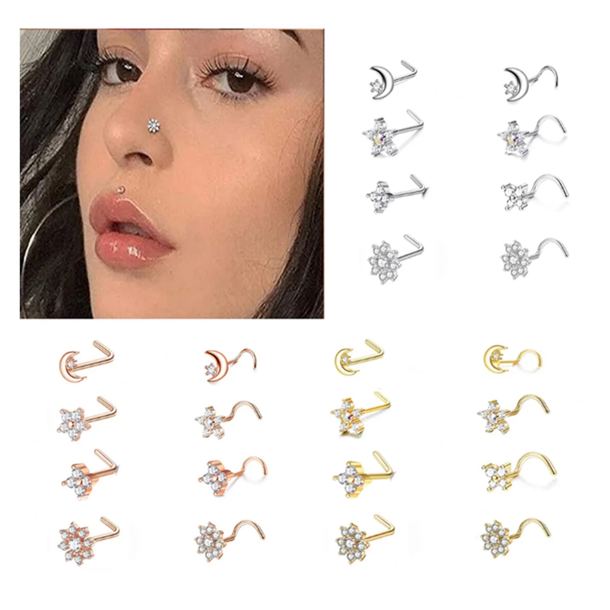 

8Pcs 20G Fashion 316L Stainless Steel L Shape Nose Screw,CZ Hypoallergenic Nose Rings Studs Hoop Body Piercing Jewelry