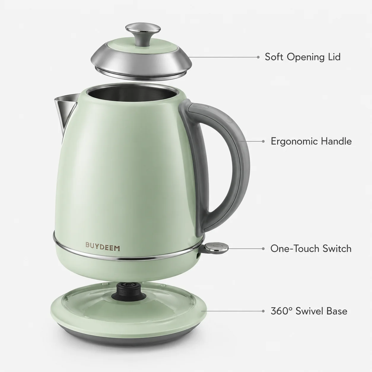 BUYDEEM K640 1.7L Stainless Steel Electric Kettle, 1440W Fast Boil Cordless Hot Water Boiler, Auto Shut Off, Boil Dry Protection, Cool Touch Handle, Drip-Free Spout, Swivel Base, Retro Kitchen Kettle, Cozy Green