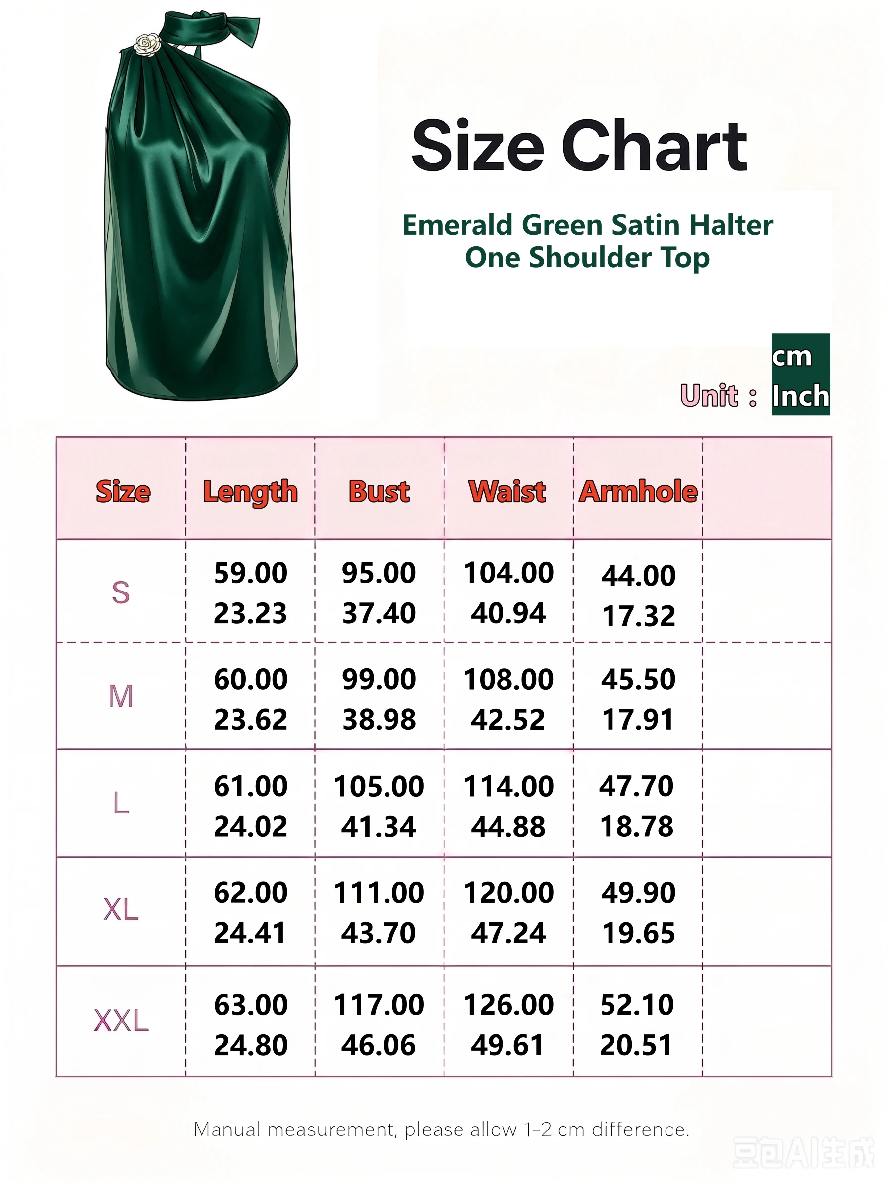 Smaragdgrünes Satin-Neckholder-Top mit einer Schulter für Damen, Elegante Goldrosen-Brosche, Drapierte Ärmellose Bluse, Party- und Abendhemd – Detail 1