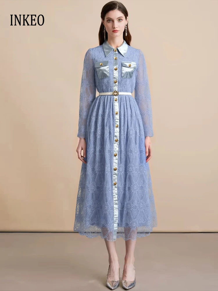 

Роскошное кружевное платье-рубашка с вышивкой и поясом, женское платье-миди весна-лето 2026, модное лоскутное платье, прозрачное INKEO 5D261