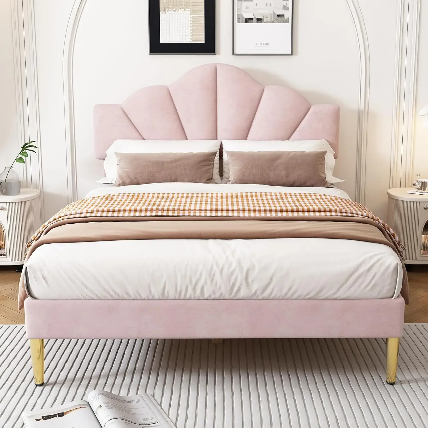 Customized Modern Pink Upholstered Platform Bed Frame with Headboard Queen King Full Twin Bed Frame with Wooden Slat Grid