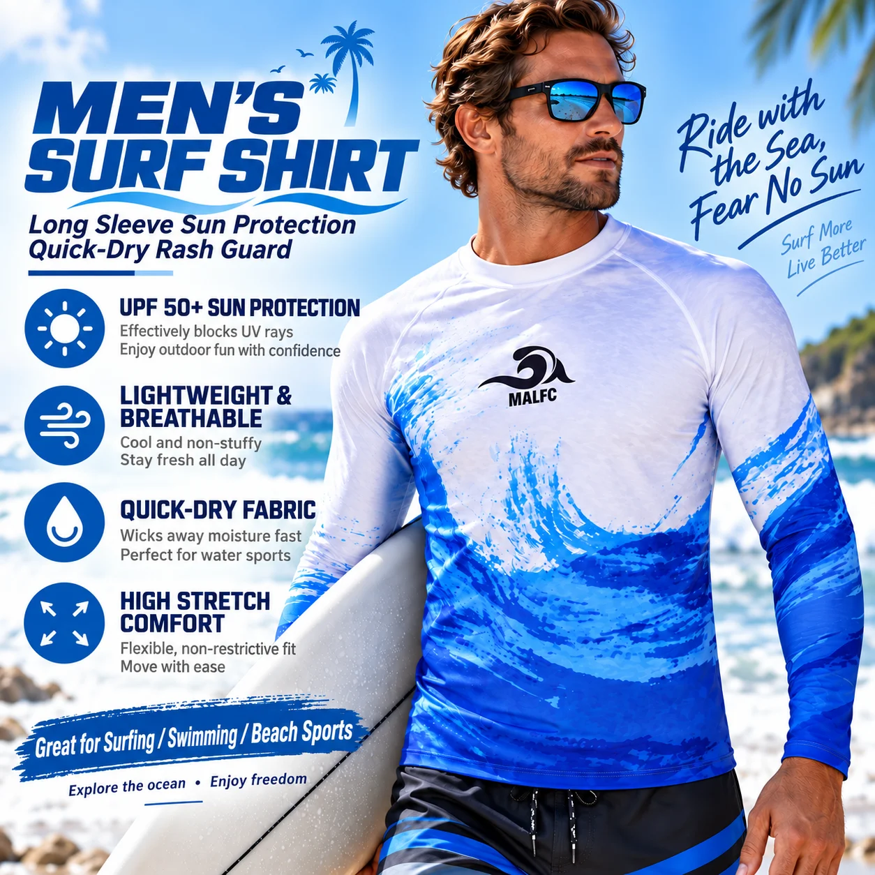 Men's Rash Guard UPF 50+ Long Sleeve Swim Shirt Quick Dry Sun Protection Surfing Shirt Stretchy UV Protection Top for Swimming D
