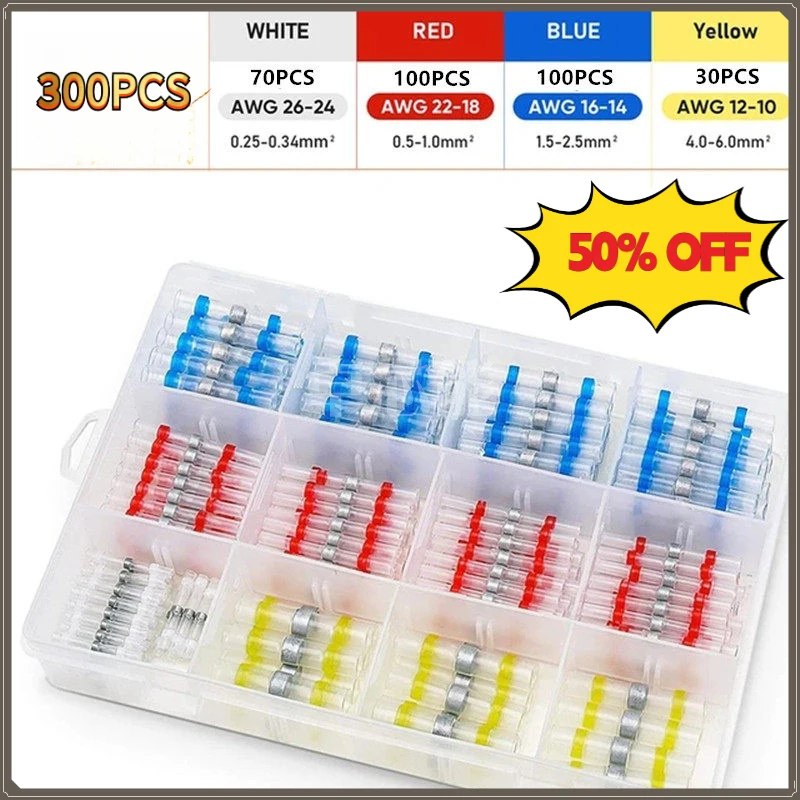 300PCS Solder Seal Heat Shrink Butt Connectors Waterproof Splice Terminal Red Blue White Yellow Assortment Kit