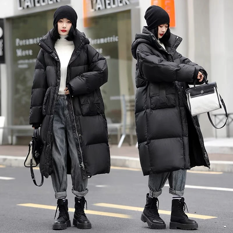 White Duck Down Jacket for Female, Large Version of Warm Hooded Coat, Loose Thickened Coat, Long Parkas, Leisure Fashion, Winter