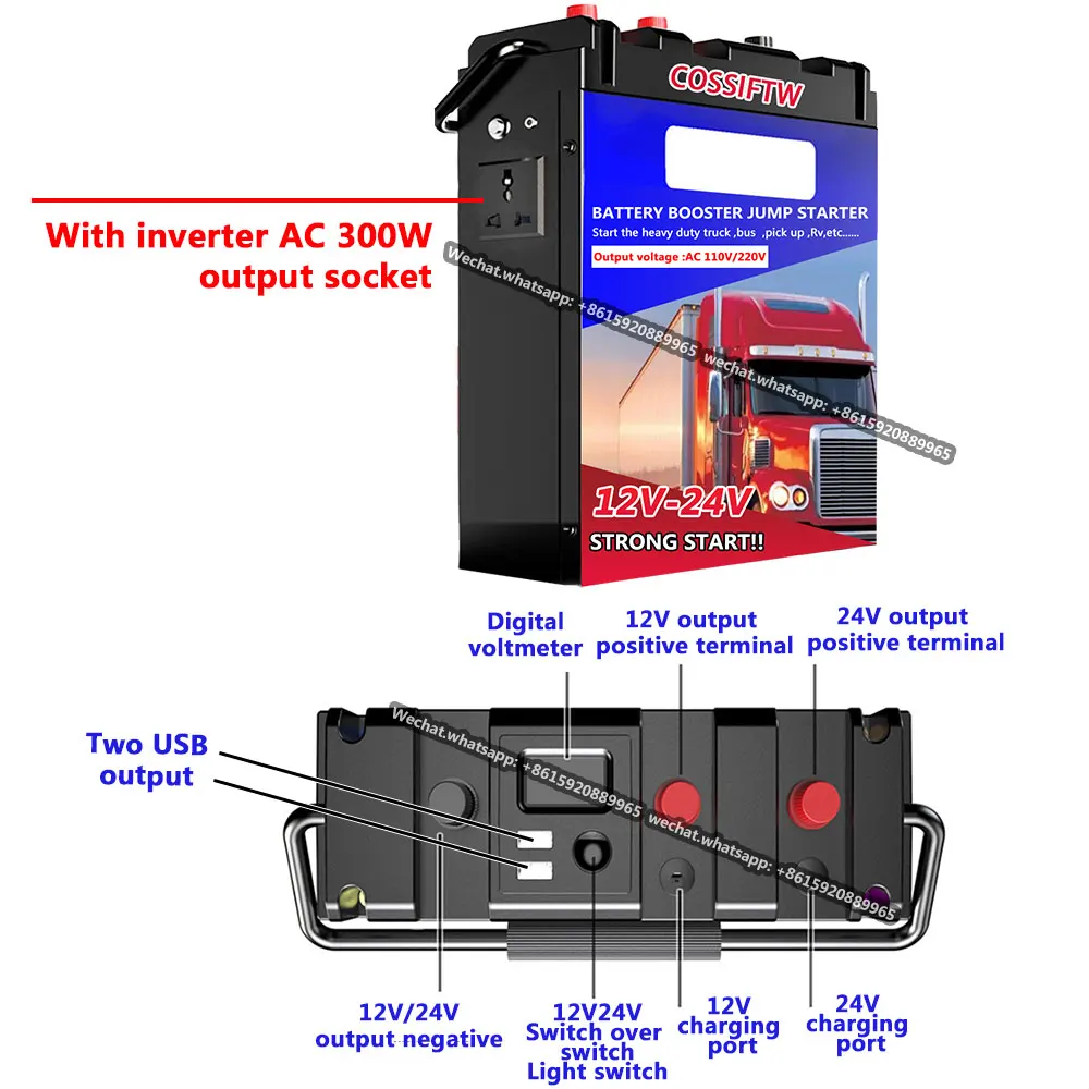 

2000A 3000A 4000A 12V 24V Car Battery Jump Starter Power Bank / Motorcycle Multi-Function300W 220V AC Portable Powerbank