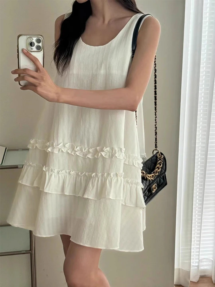 Vestido de Verão com Detalhes em Renda Liangliang, Novo Estilo E, Sem Mangas, Saia em Camadas, Saia Curta, Estilo Core...