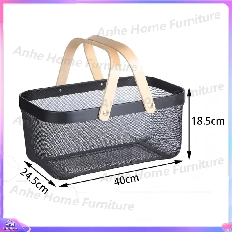 Eco Friendly Metal Mesh Rattan Storage Basket Large Capacity 18L Portable Fruit Vegetable Organizer with Handle for Kitchen