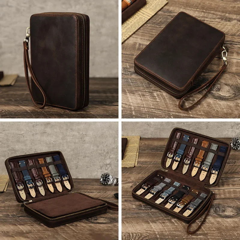 Horse leather strap storage box 12 pcs handmade rectangular wrist zipper table strap box